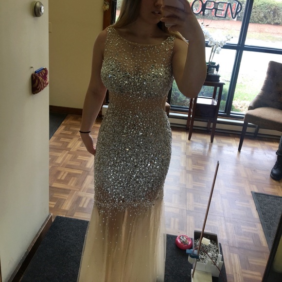 Tan/Cream Beaded Sequin Mermaid Maxi Prom Dress